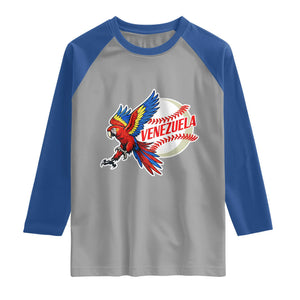 Venezuela Baseball Flying Scarlet Macaw and Ball Raglan Shirt Ara Macao Guacamaya Venezuelan Pride TS02 Sport Gray Royal Print Your Wear