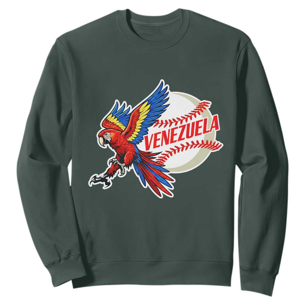 Venezuela Baseball Flying Scarlet Macaw and Ball Sweatshirt Ara Macao Guacamaya Venezuelan Pride TS02 Dark Forest Green Print Your Wear