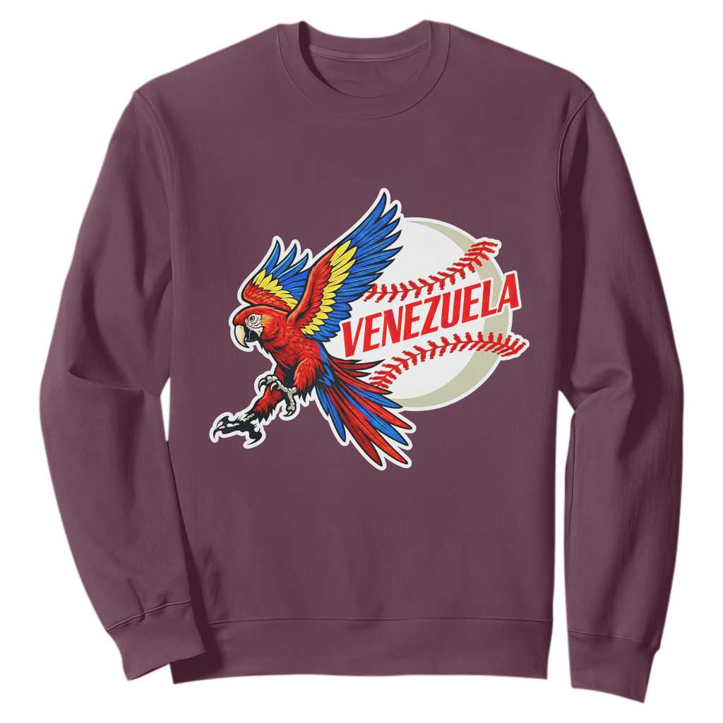 Venezuela Baseball Flying Scarlet Macaw and Ball Sweatshirt Ara Macao Guacamaya Venezuelan Pride TS02 Maroon Print Your Wear