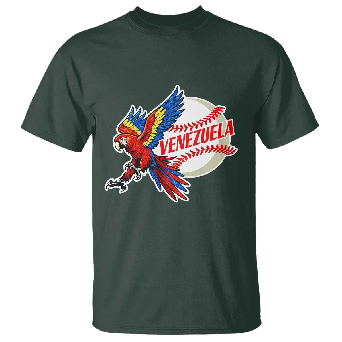 Venezuela Baseball Flying Scarlet Macaw and Ball T Shirt Ara Macao Guacamaya Venezuelan Pride TS02 Dark Forest Green Print Your Wear