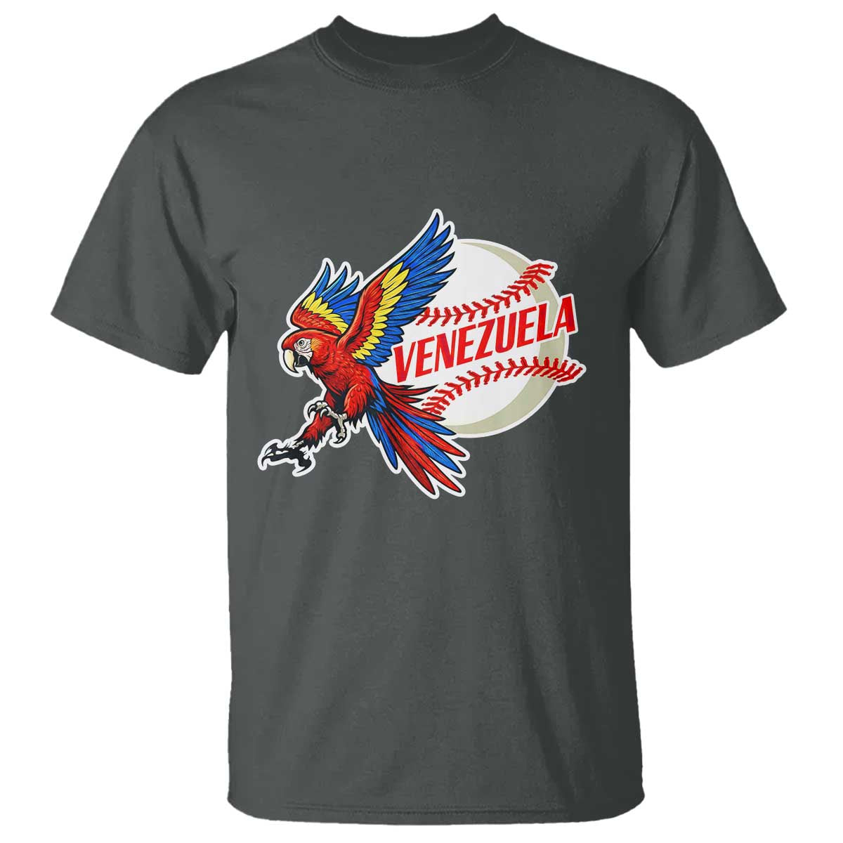 Venezuela Baseball Flying Scarlet Macaw and Ball T Shirt Ara Macao Guacamaya Venezuelan Pride TS02 Dark Heather Print Your Wear