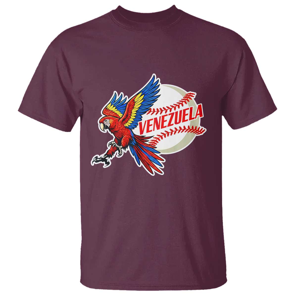 Venezuela Baseball Flying Scarlet Macaw and Ball T Shirt Ara Macao Guacamaya Venezuelan Pride TS02 Maroon Print Your Wear