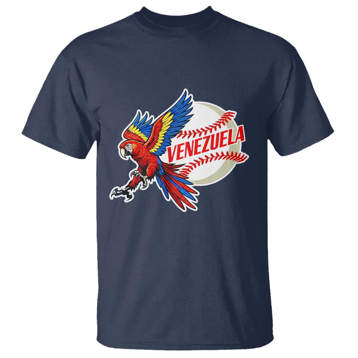 Venezuela Baseball Flying Scarlet Macaw and Ball T Shirt Ara Macao Guacamaya Venezuelan Pride TS02 Navy Print Your Wear