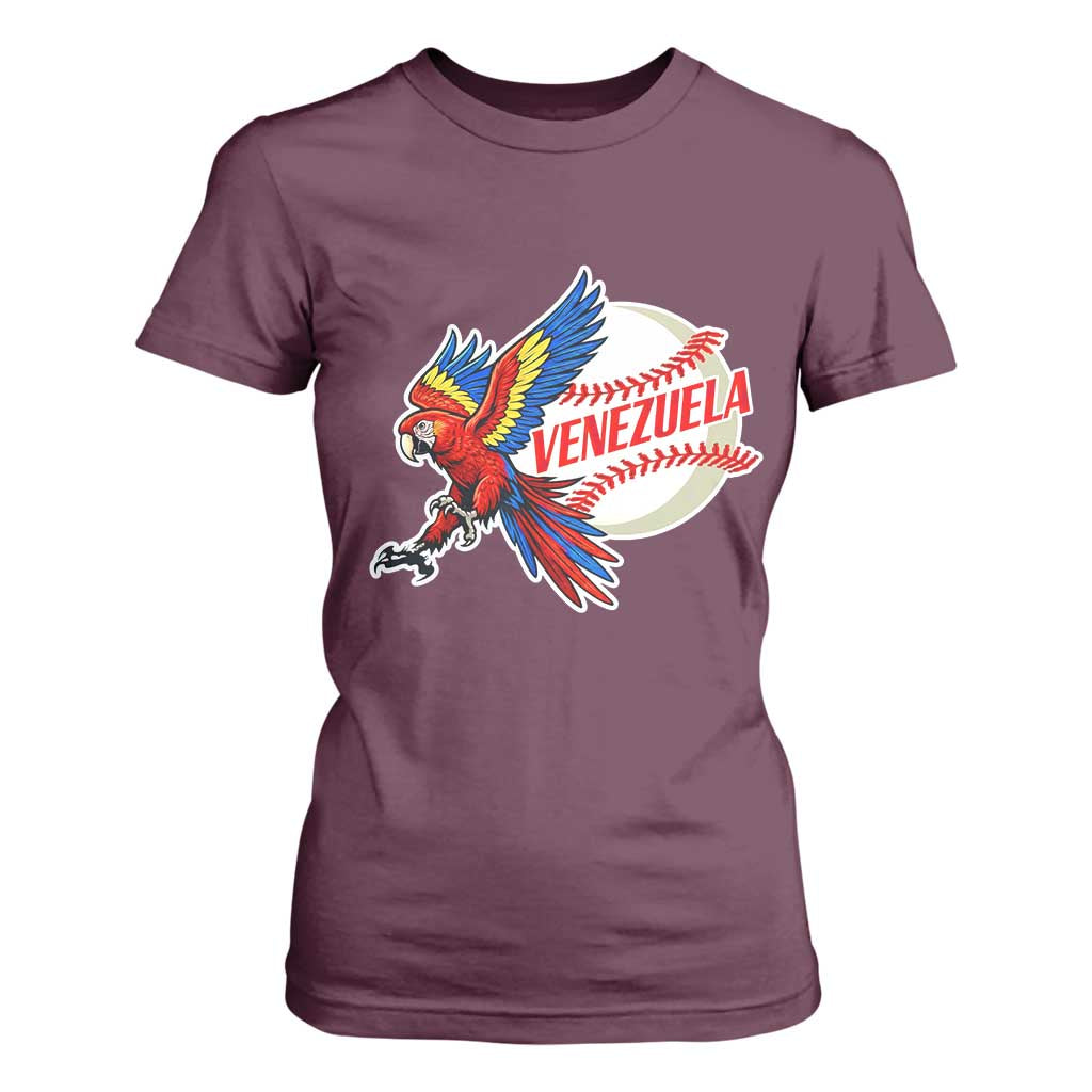 Venezuela Baseball Flying Scarlet Macaw and Ball T Shirt For Women Ara Macao Guacamaya Venezuelan Pride TS02 Maroon Print Your Wear