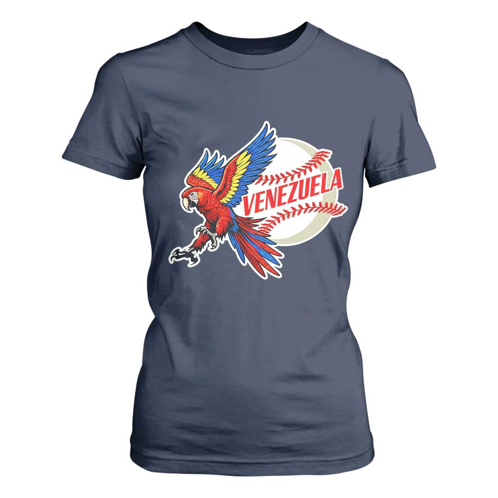 Venezuela Baseball Flying Scarlet Macaw and Ball T Shirt For Women Ara Macao Guacamaya Venezuelan Pride TS02 Navy Print Your Wear