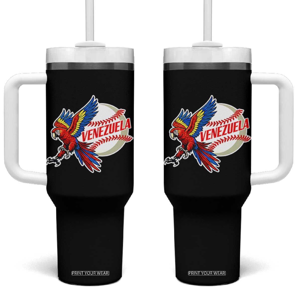 Venezuela Baseball Flying Scarlet Macaw and Ball Tumbler With Handle Ara Macao Guacamaya Venezuelan Pride TS02 One Size: 40 oz Black Print Your Wear