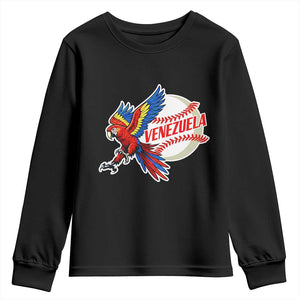Venezuela Baseball Flying Scarlet Macaw and Ball Youth Sweatshirt Ara Macao Guacamaya Venezuelan Pride TS02 Black Print Your Wear