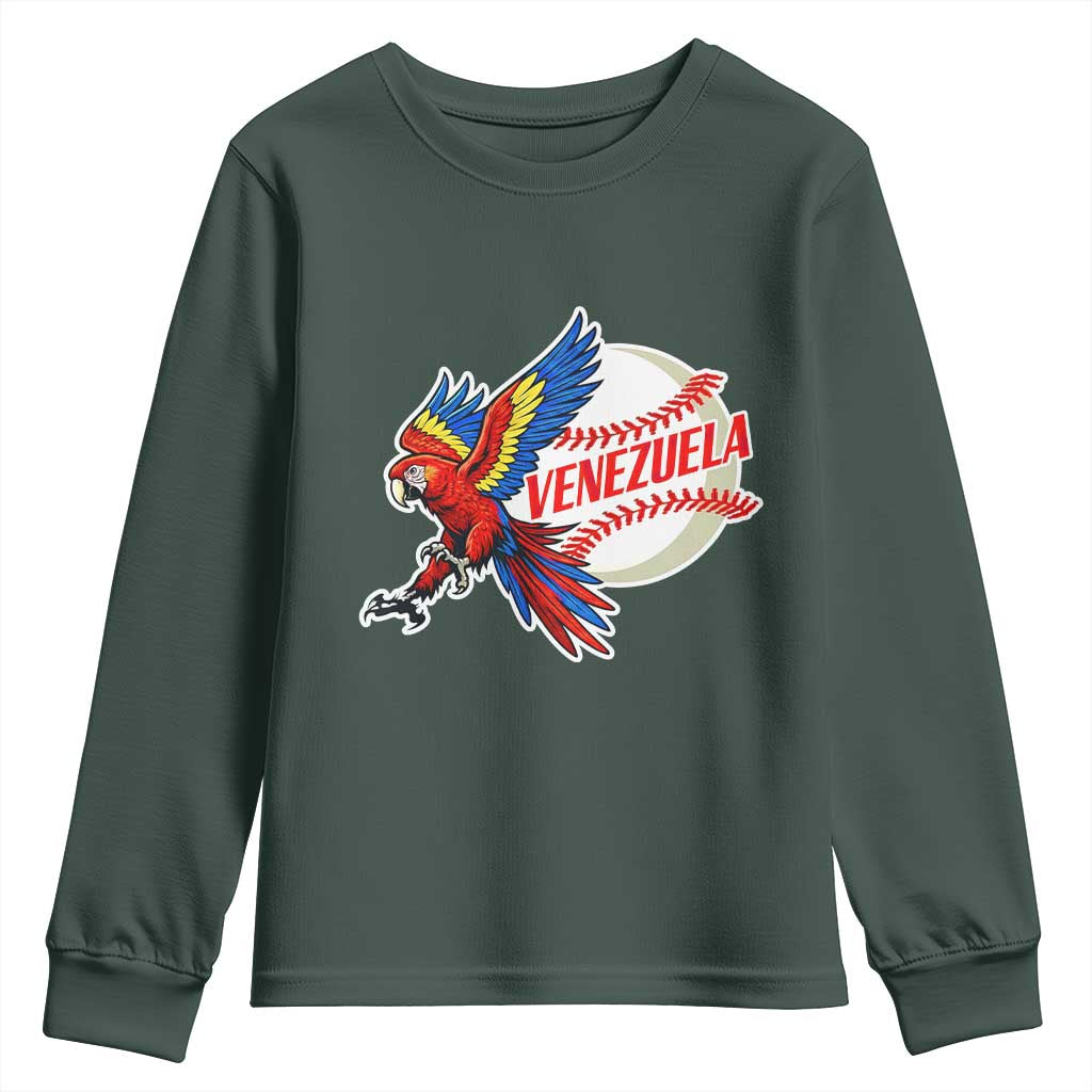 Venezuela Baseball Flying Scarlet Macaw and Ball Youth Sweatshirt Ara Macao Guacamaya Venezuelan Pride TS02 Dark Forest Green Print Your Wear
