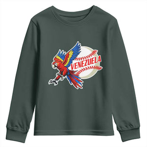 Venezuela Baseball Flying Scarlet Macaw and Ball Youth Sweatshirt Ara Macao Guacamaya Venezuelan Pride TS02 Dark Forest Green Print Your Wear