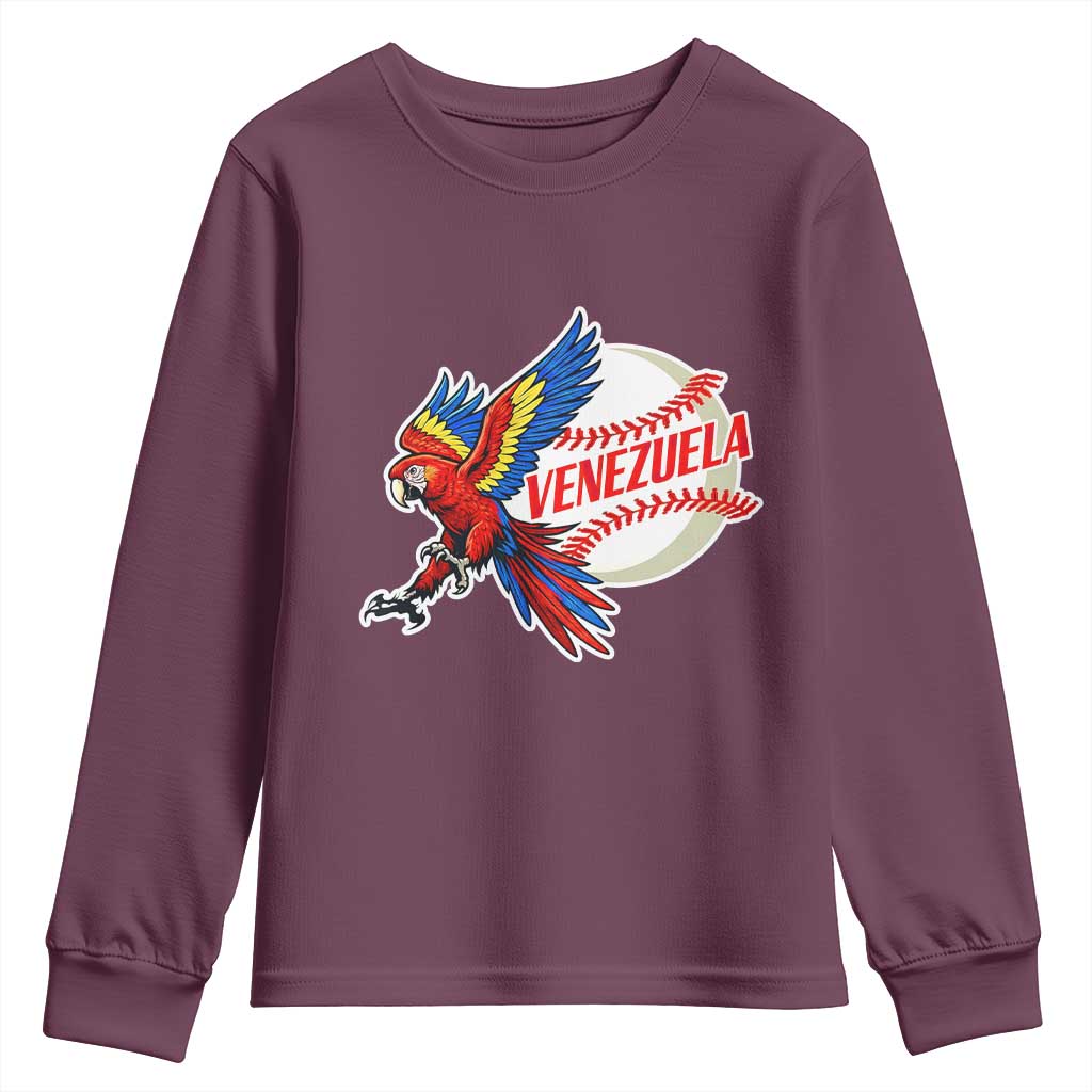 Venezuela Baseball Flying Scarlet Macaw and Ball Youth Sweatshirt Ara Macao Guacamaya Venezuelan Pride TS02 Maroon Print Your Wear