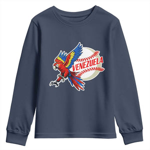 Venezuela Baseball Flying Scarlet Macaw and Ball Youth Sweatshirt Ara Macao Guacamaya Venezuelan Pride TS02 Navy Print Your Wear