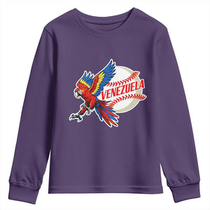 Venezuela Baseball Flying Scarlet Macaw and Ball Youth Sweatshirt Ara Macao Guacamaya Venezuelan Pride TS02 Purple Print Your Wear
