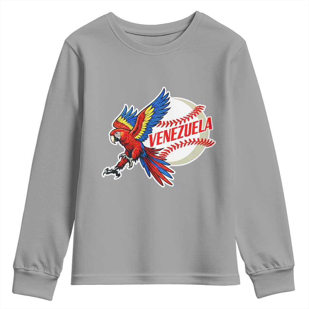 Venezuela Baseball Flying Scarlet Macaw and Ball Youth Sweatshirt Ara Macao Guacamaya Venezuelan Pride TS02 Sport Gray Print Your Wear
