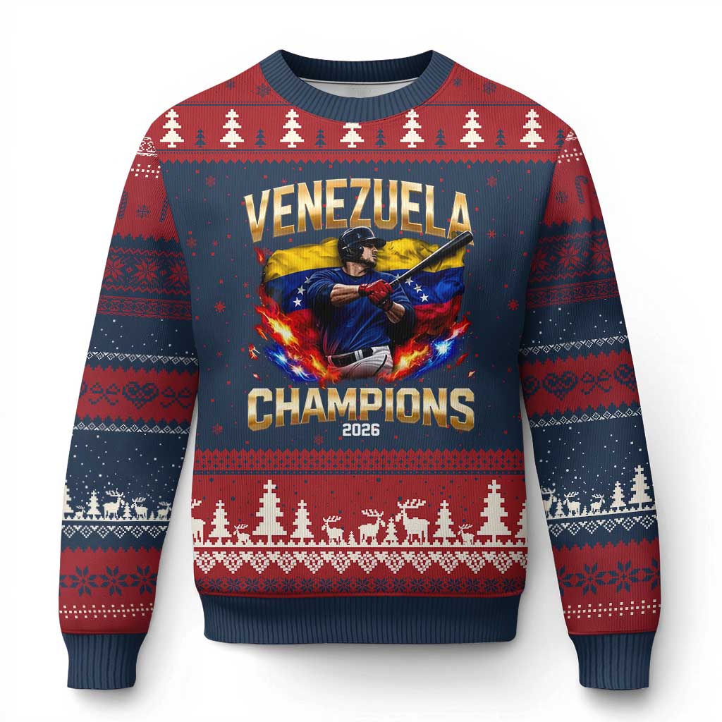 Venezuela Champions 2026 Ugly Christmas Sweater Beisbol Venezuelan Pride Flag Baseball Fans TS02 Navy Red Print Your Wear