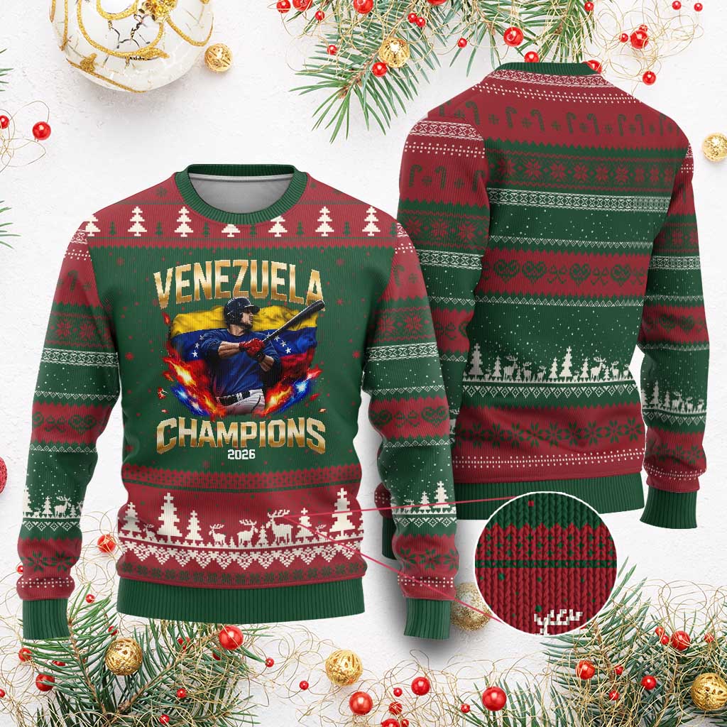 Venezuela Champions 2026 Ugly Christmas Sweater Beisbol Venezuelan Pride Flag Baseball Fans TS02 Red Green Print Your Wear
