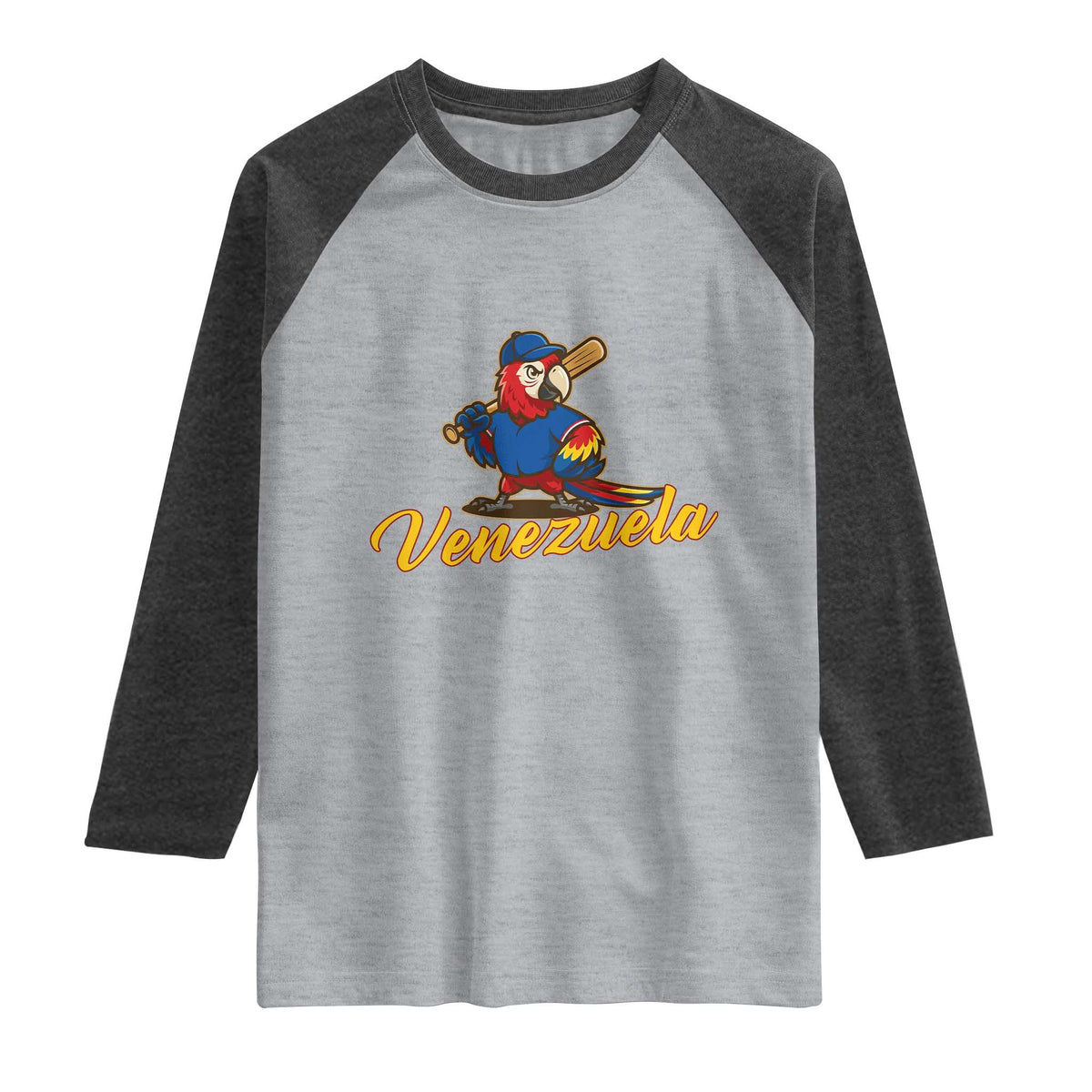 Venezuela Guacamaya Macaw Baseball Raglan Shirt Venezuelan Pride Latino Beisbol Fans TS02 Heather Gray Heather Charcoal Print Your Wear