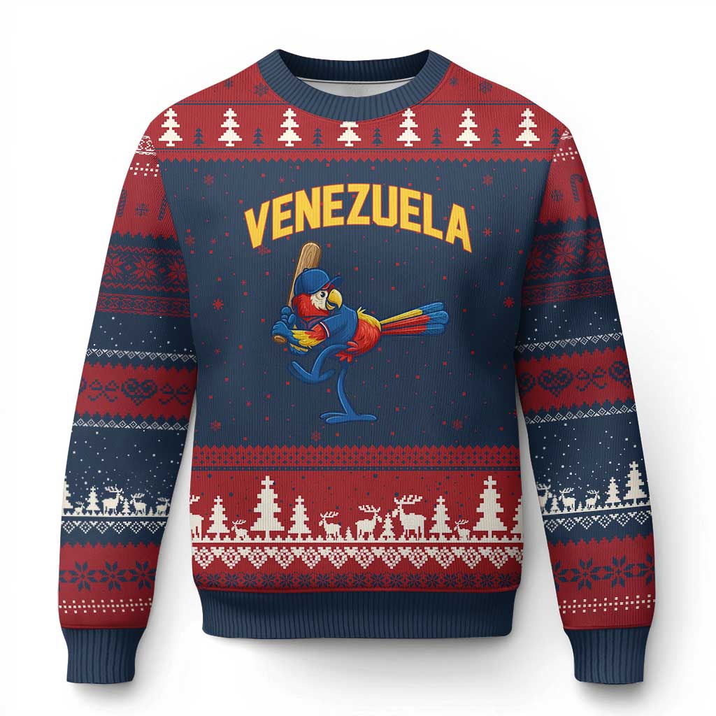 Venezuela Baseball Macaw Batter Ugly Christmas Sweater Ara Macao Guacamaya Venezuelan Pride TS02 Navy Red Print Your Wear
