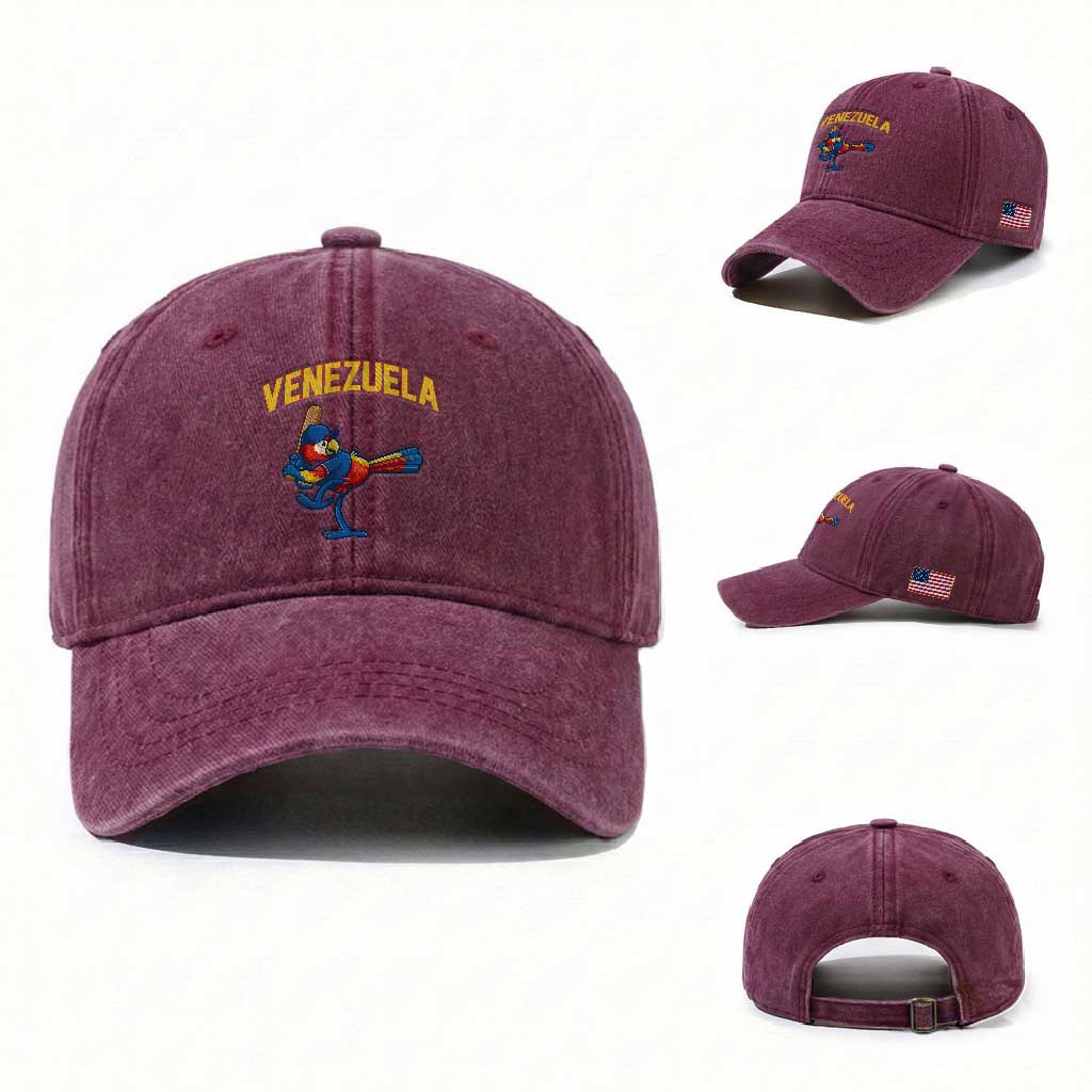 Venezuela Baseball Macaw Batter Washed Cotton Baseball Cap Ara Macao Guacamaya Venezuelan Pride TS02 Washed Cap Universal Fit Burgundy Print Your Wear
