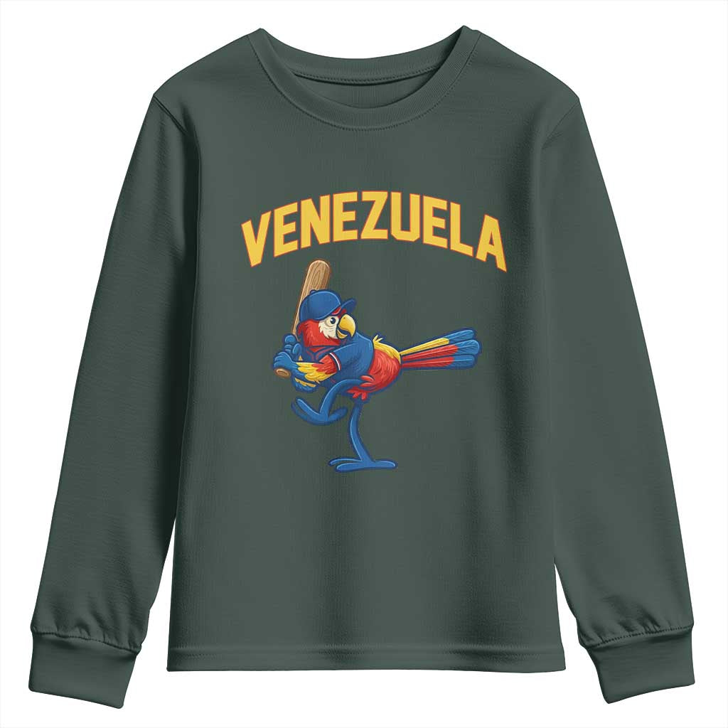 Venezuela Baseball Macaw Batter Youth Sweatshirt Ara Macao Guacamaya Venezuelan Pride TS02 Dark Forest Green Print Your Wear