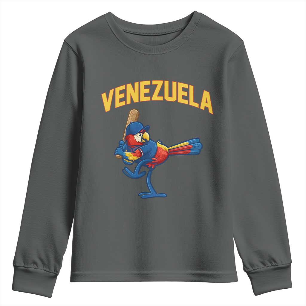 Venezuela Baseball Macaw Batter Youth Sweatshirt Ara Macao Guacamaya Venezuelan Pride TS02 Dark Heather Print Your Wear