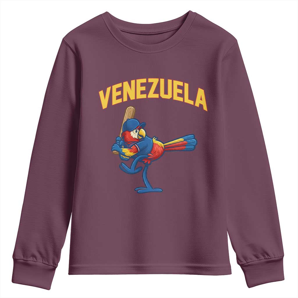 Venezuela Baseball Macaw Batter Youth Sweatshirt Ara Macao Guacamaya Venezuelan Pride TS02 Maroon Print Your Wear
