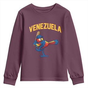 Venezuela Baseball Macaw Batter Youth Sweatshirt Ara Macao Guacamaya Venezuelan Pride TS02 Maroon Print Your Wear