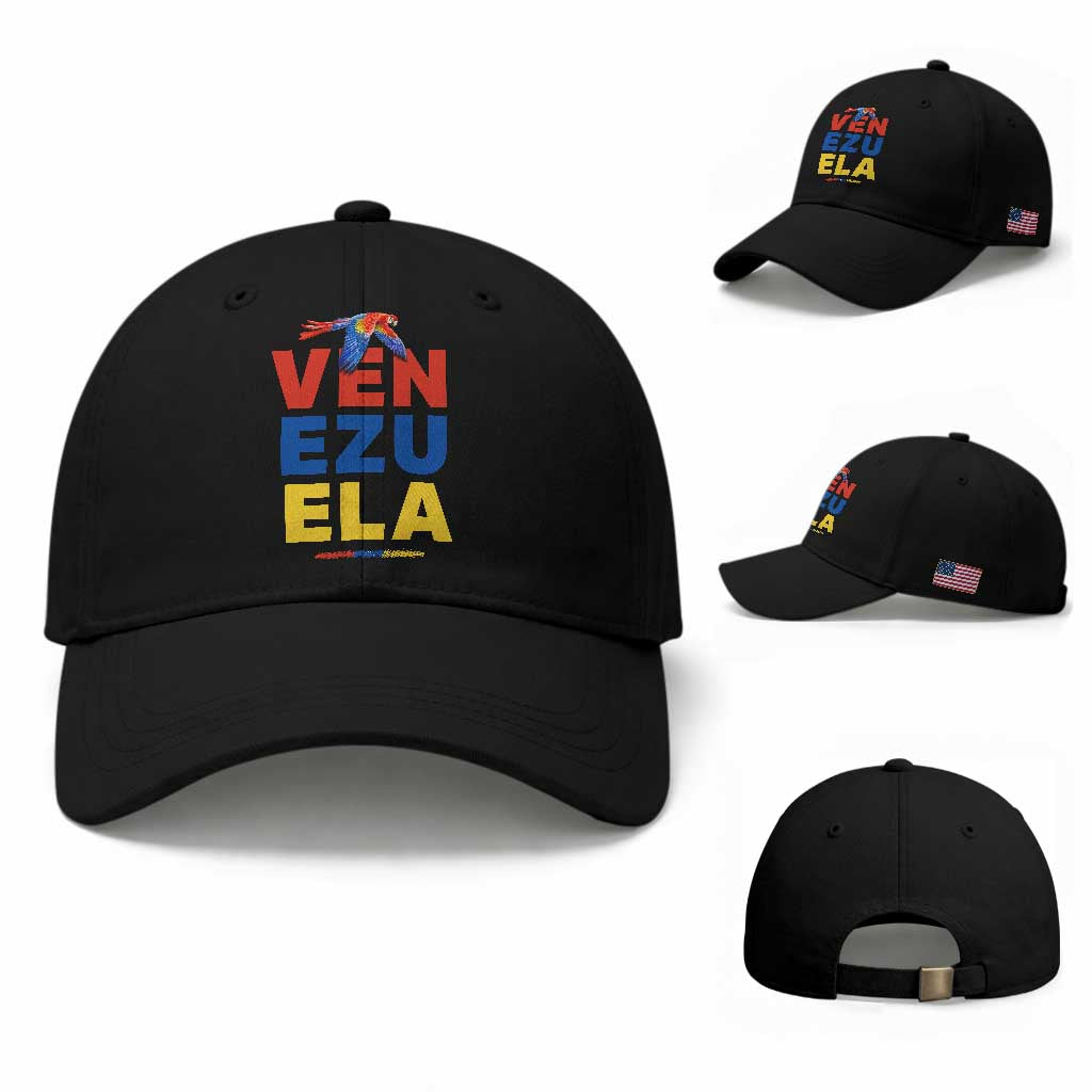 Venezuela Pride Flying Scarlet Macaw Baseball Cap Ara Macao Guacamaya Venezuelan Pride Tropical Bird TS02 Baseball Cap Universal Fit Black Print Your Wear