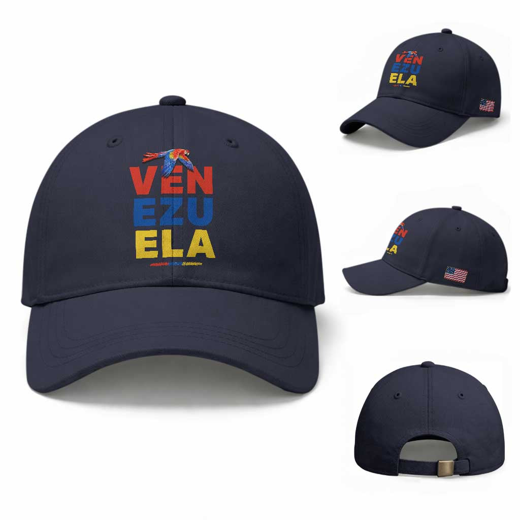 Venezuela Pride Flying Scarlet Macaw Baseball Cap Ara Macao Guacamaya Venezuelan Pride Tropical Bird TS02 Baseball Cap Universal Fit Dark Blue Print Your Wear