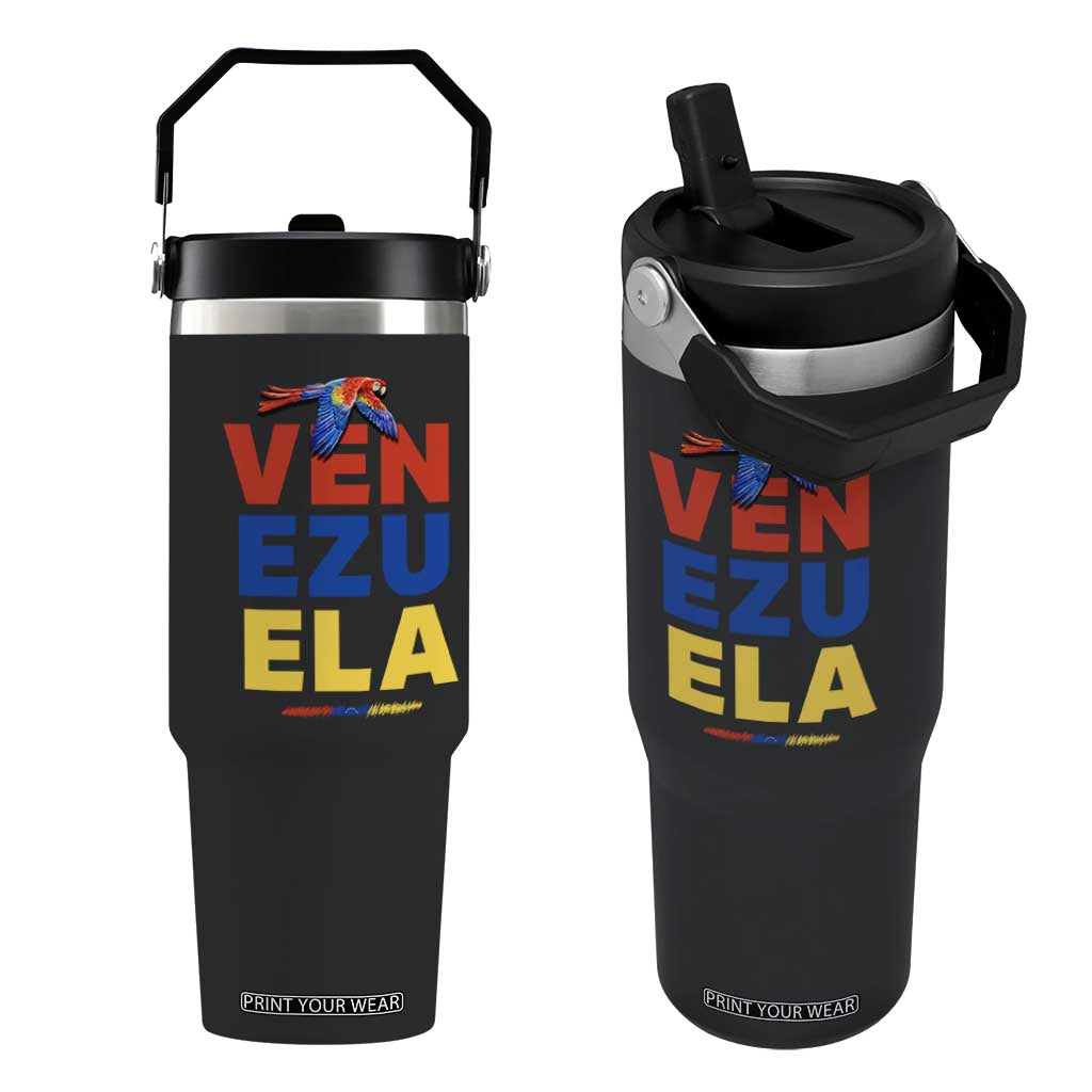 Venezuela Pride Flying Scarlet Macaw Flip Straw Tumbler Ara Macao Guacamaya Venezuelan Pride Tropical Bird TS02 One Size: 30 oz Black Print Your Wear
