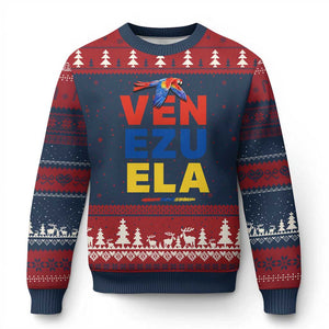 Venezuela Pride Flying Scarlet Macaw Ugly Christmas Sweater Ara Macao Guacamaya Venezuelan Pride Tropical Bird TS02 Navy Red Print Your Wear