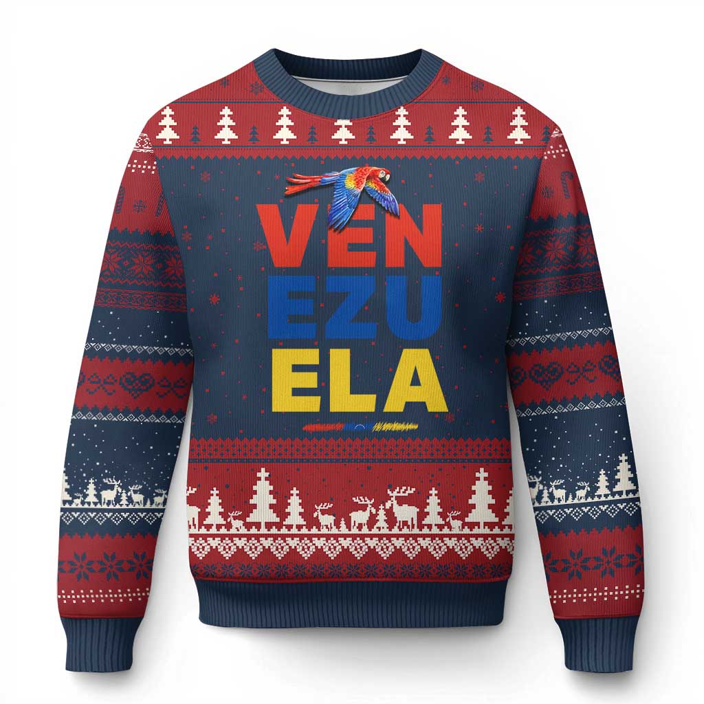 Venezuela Pride Flying Scarlet Macaw Ugly Christmas Sweater Ara Macao Guacamaya Venezuelan Pride Tropical Bird TS02 Navy Red Print Your Wear