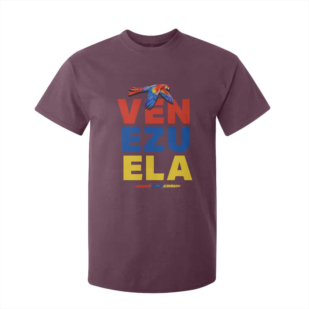 Venezuela Pride Flying Scarlet Macaw T Shirt For Kid Ara Macao Guacamaya Venezuelan Pride Tropical Bird TS02 Maroon Print Your Wear