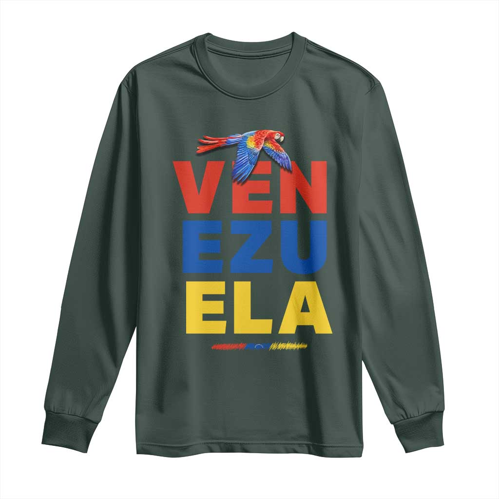 Venezuela Pride Flying Scarlet Macaw Long Sleeve Shirt Ara Macao Guacamaya Venezuelan Pride Tropical Bird TS02 Dark Forest Green Print Your Wear