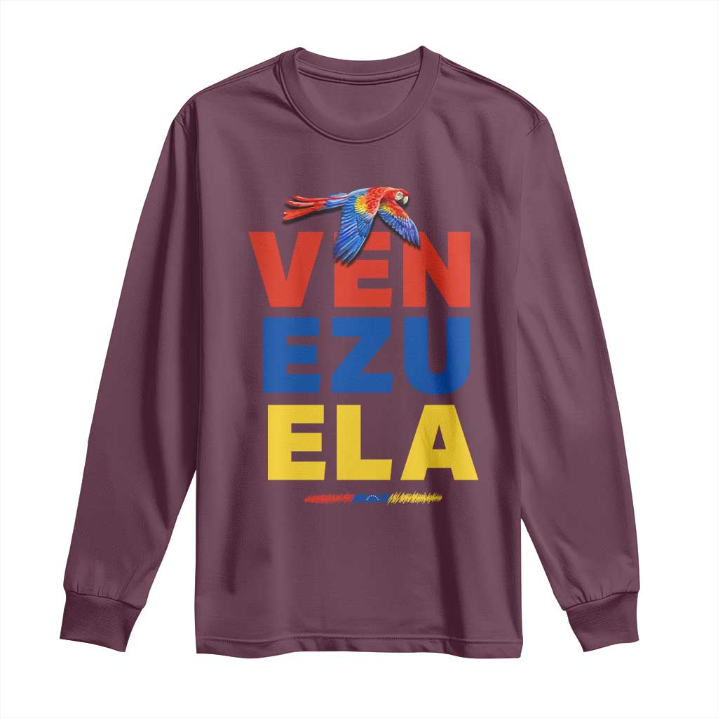 Venezuela Pride Flying Scarlet Macaw Long Sleeve Shirt Ara Macao Guacamaya Venezuelan Pride Tropical Bird TS02 Maroon Print Your Wear