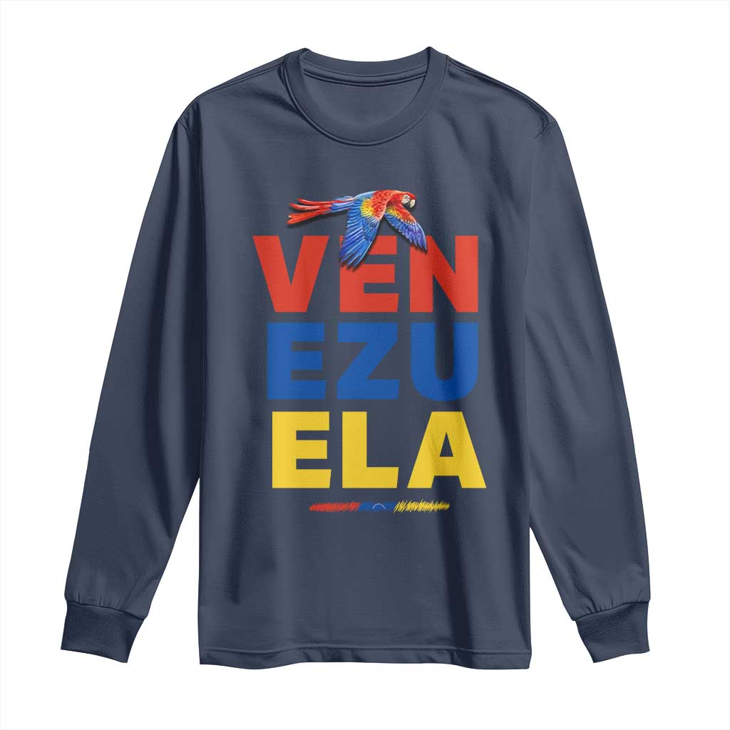 Venezuela Pride Flying Scarlet Macaw Long Sleeve Shirt Ara Macao Guacamaya Venezuelan Pride Tropical Bird TS02 Navy Print Your Wear
