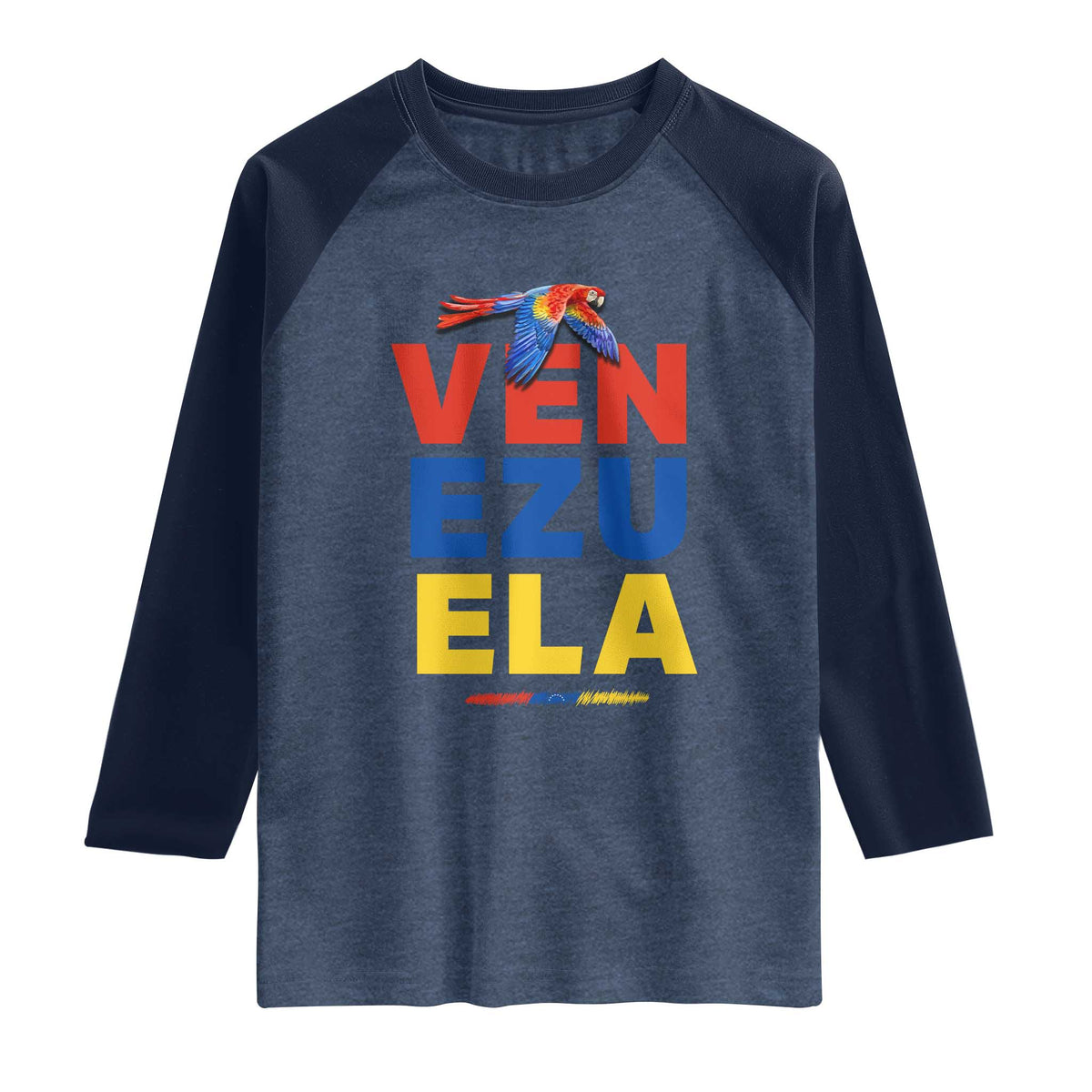 Venezuela Pride Flying Scarlet Macaw Raglan Shirt Ara Macao Guacamaya Venezuelan Pride Tropical Bird TS02 Heather Denim Navy Print Your Wear
