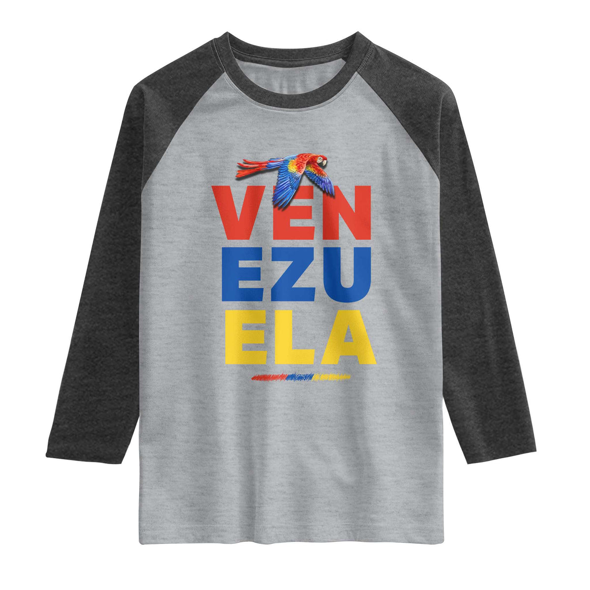 Venezuela Pride Flying Scarlet Macaw Raglan Shirt Ara Macao Guacamaya Venezuelan Pride Tropical Bird TS02 Heather Gray Heather Charcoal Print Your Wear