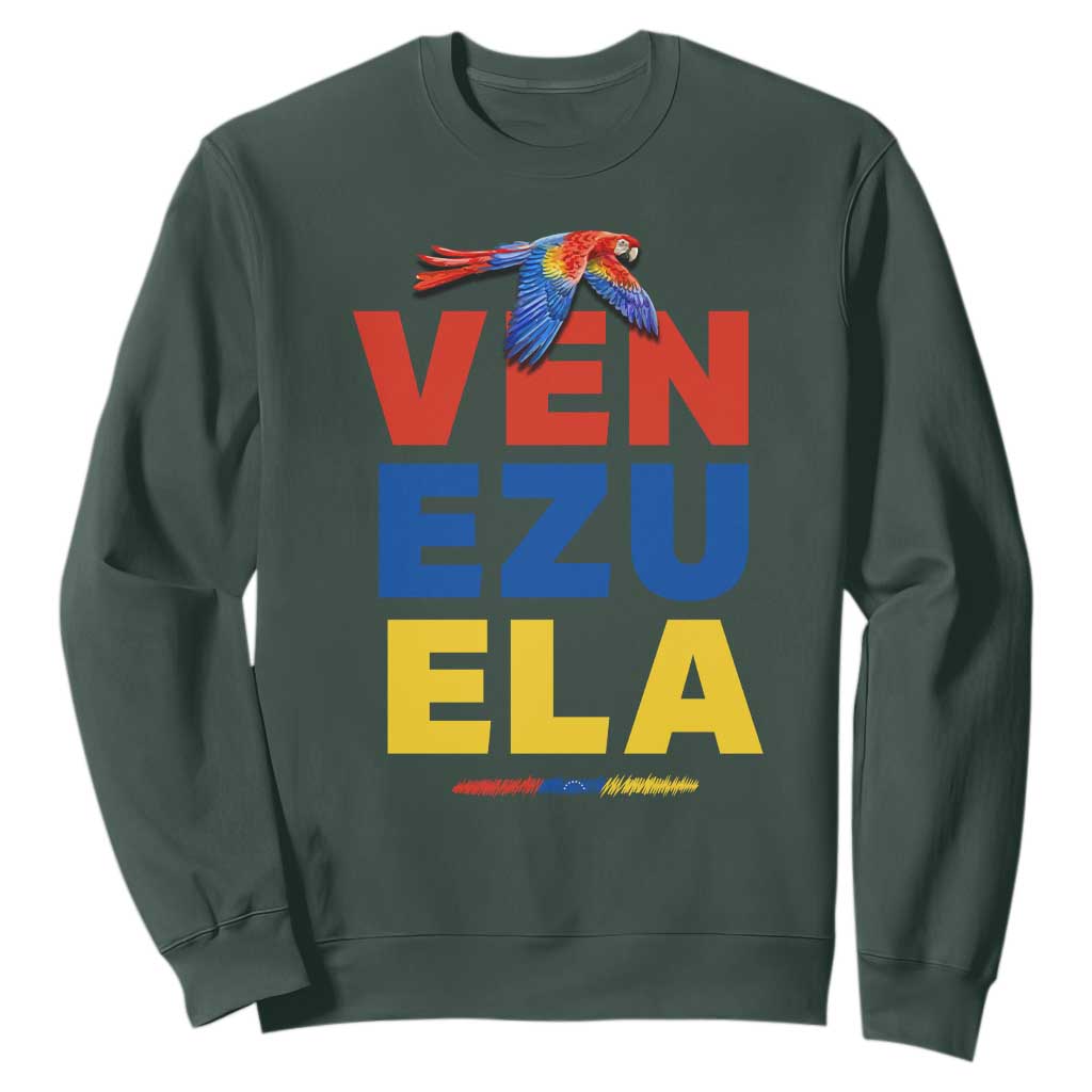Venezuela Pride Flying Scarlet Macaw Sweatshirt Ara Macao Guacamaya Venezuelan Pride Tropical Bird TS02 Dark Forest Green Print Your Wear