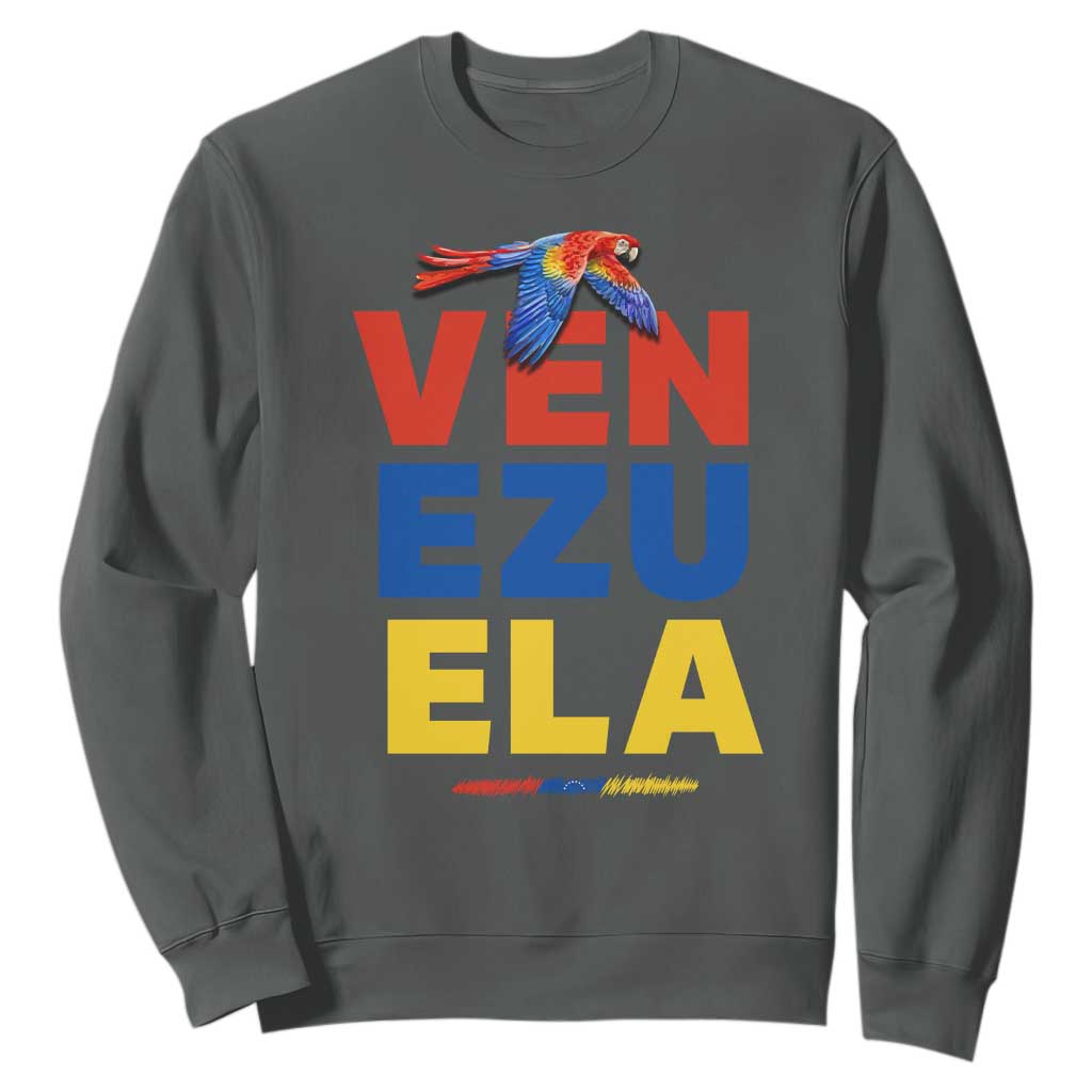 Venezuela Pride Flying Scarlet Macaw Sweatshirt Ara Macao Guacamaya Venezuelan Pride Tropical Bird TS02 Dark Heather Print Your Wear