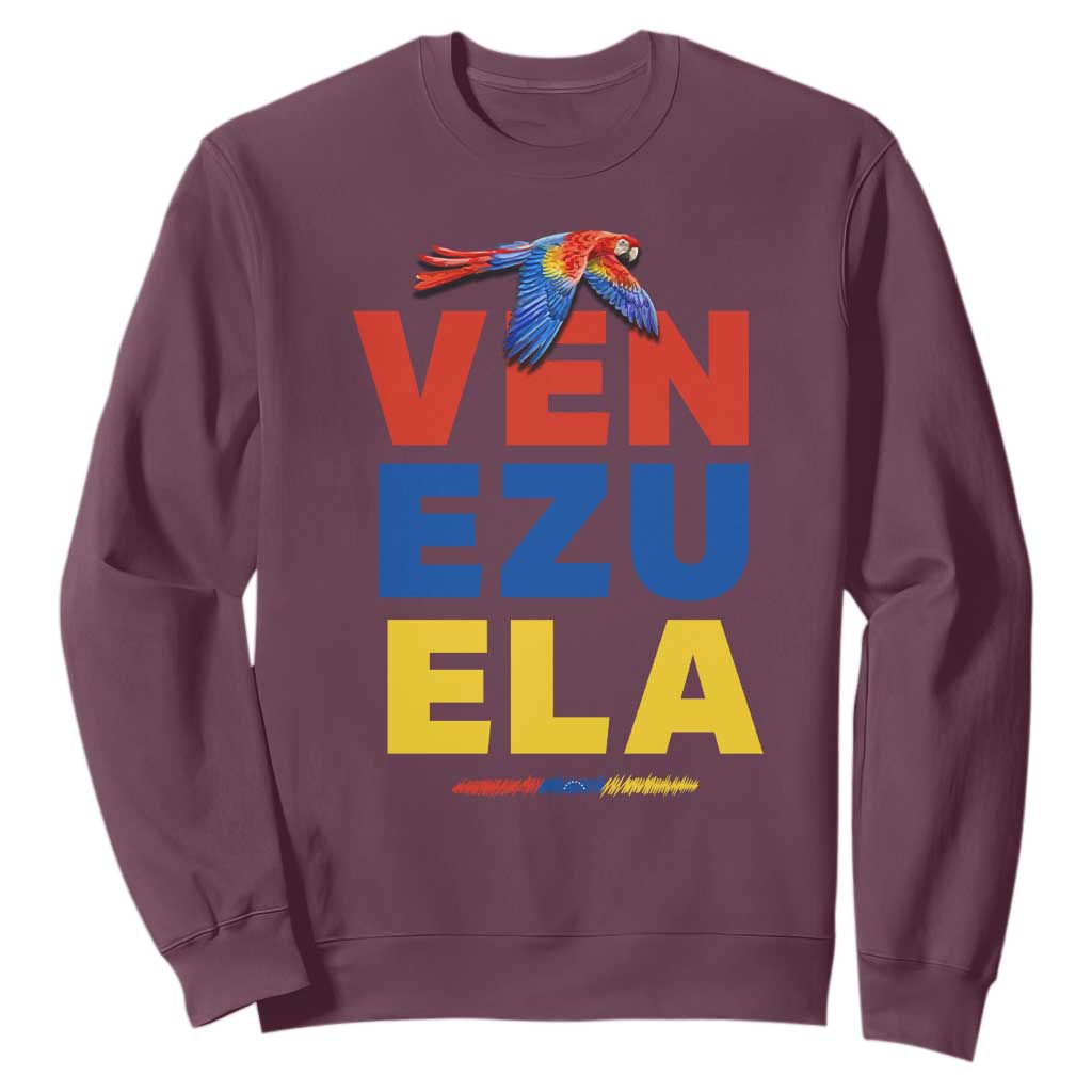 Venezuela Pride Flying Scarlet Macaw Sweatshirt Ara Macao Guacamaya Venezuelan Pride Tropical Bird TS02 Maroon Print Your Wear