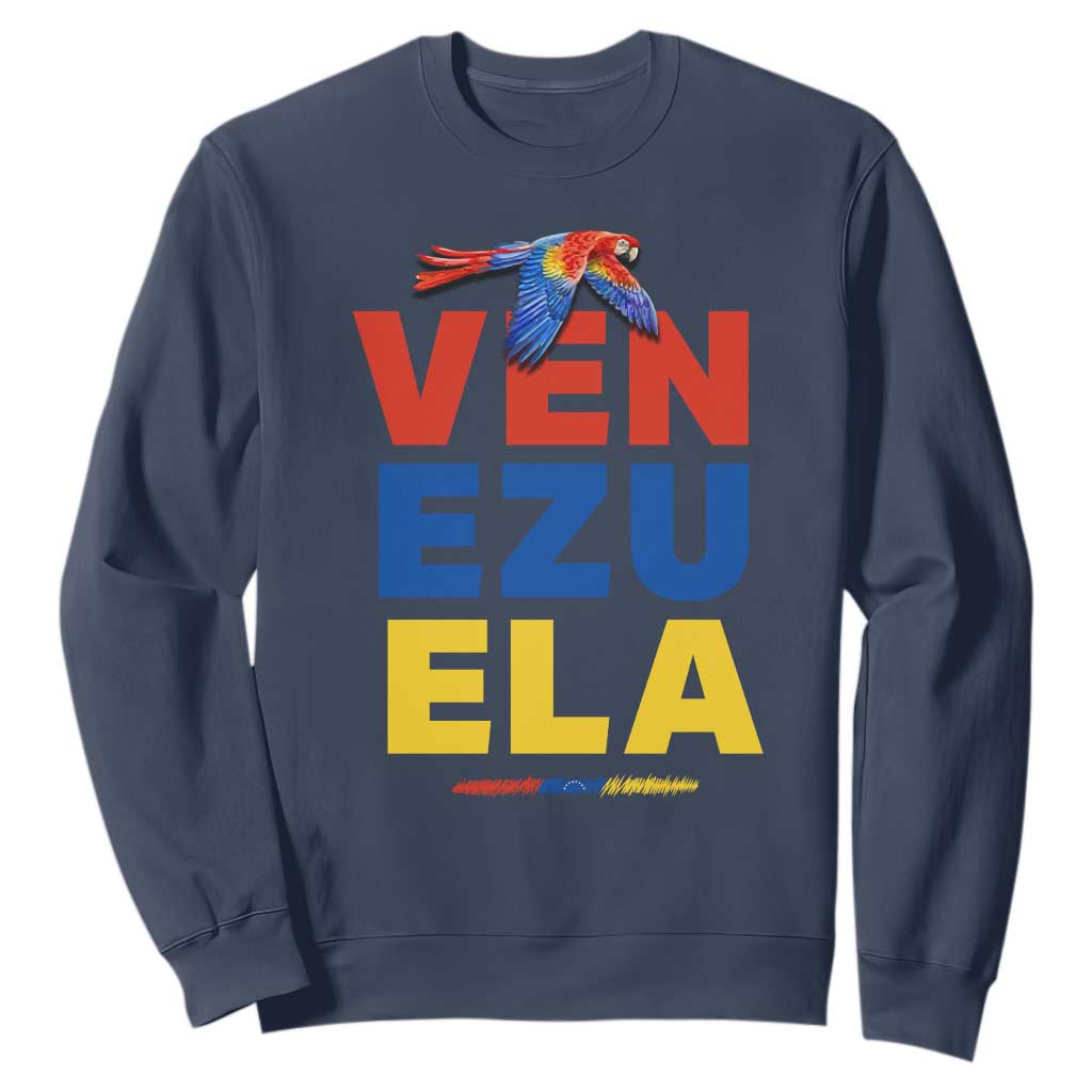 Venezuela Pride Flying Scarlet Macaw Sweatshirt Ara Macao Guacamaya Venezuelan Pride Tropical Bird TS02 Navy Print Your Wear