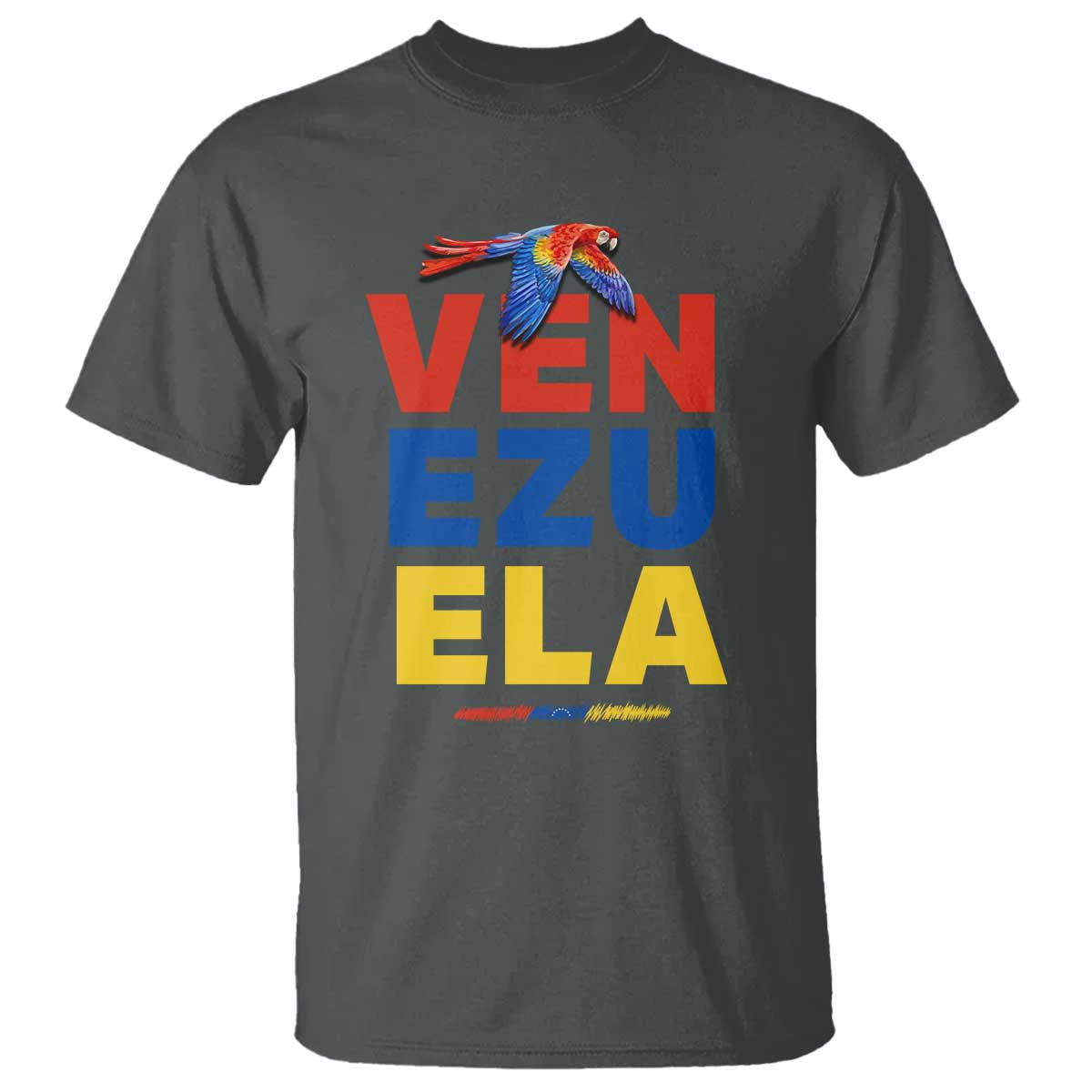 Venezuela Pride Flying Scarlet Macaw T Shirt Ara Macao Guacamaya Venezuelan Pride Tropical Bird TS02 Dark Heather Print Your Wear
