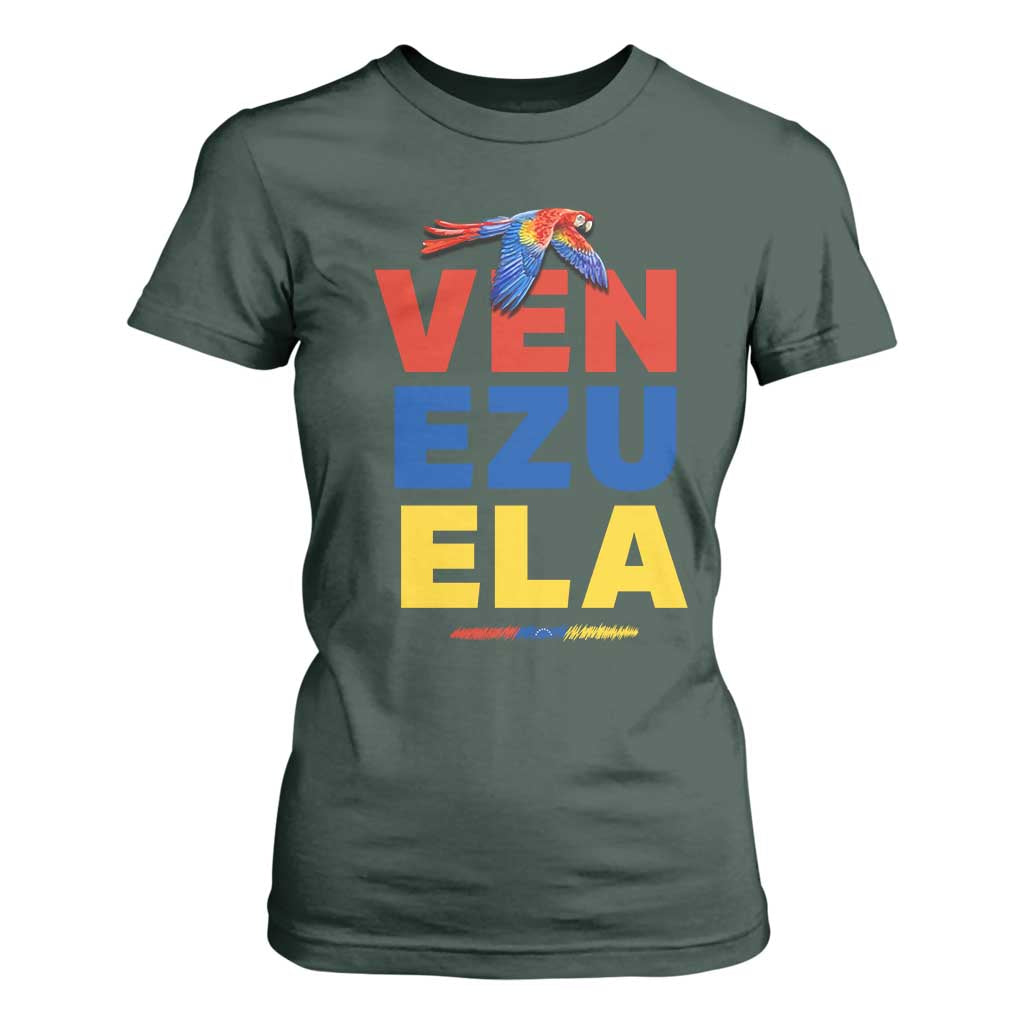 Venezuela Pride Flying Scarlet Macaw T Shirt For Women Ara Macao Guacamaya Venezuelan Pride Tropical Bird TS02 Dark Forest Green Print Your Wear