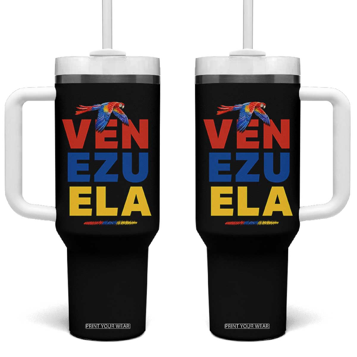 Venezuela Pride Flying Scarlet Macaw Tumbler With Handle - Ara Macao Guacamaya Venezuelan Pride Tropical Bird TS02 One Size: 40 oz Black Print Your Wear