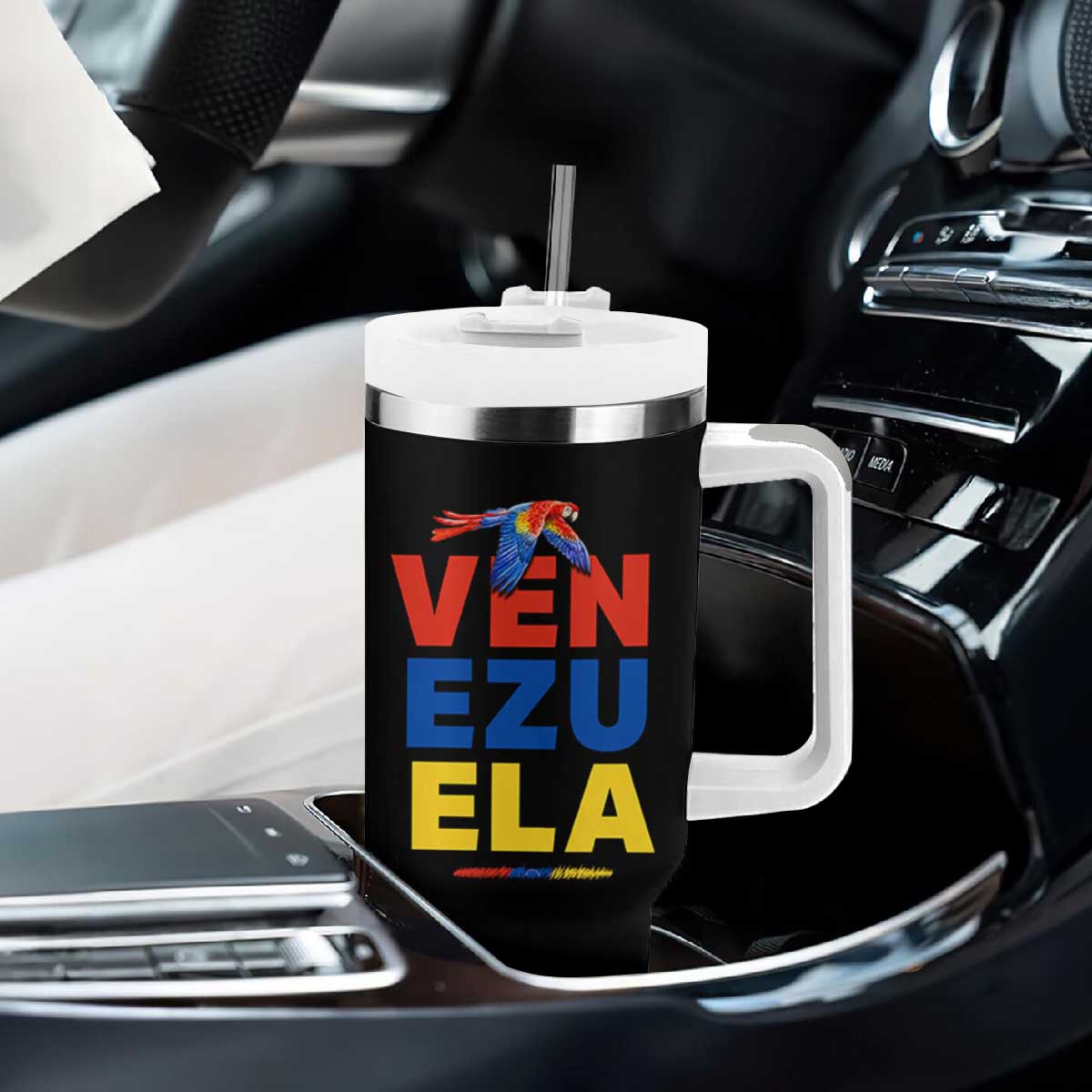 Venezuela Pride Flying Scarlet Macaw Tumbler With Handle - Ara Macao Guacamaya Venezuelan Pride Tropical Bird TS02 Print Your Wear
