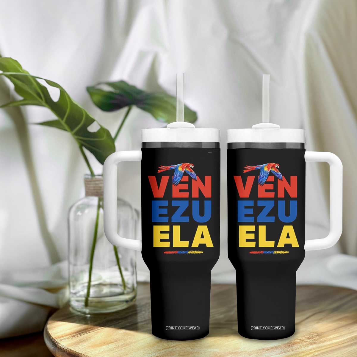 Venezuela Pride Flying Scarlet Macaw Tumbler With Handle - Ara Macao Guacamaya Venezuelan Pride Tropical Bird TS02 Print Your Wear