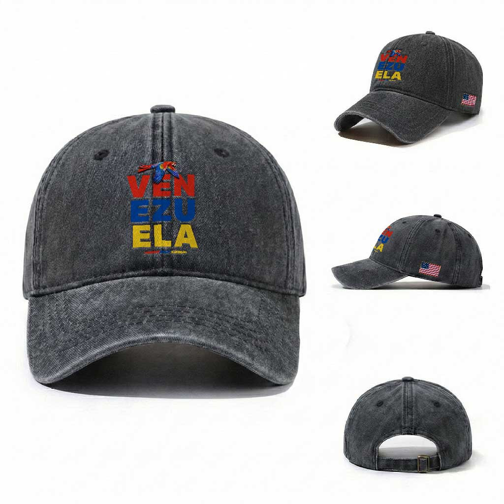 Venezuela Pride Flying Scarlet Macaw Washed Cotton Baseball Cap Ara Macao Guacamaya Venezuelan Pride Tropical Bird TS02 Washed Cap Universal Fit Dark Gray Print Your Wear