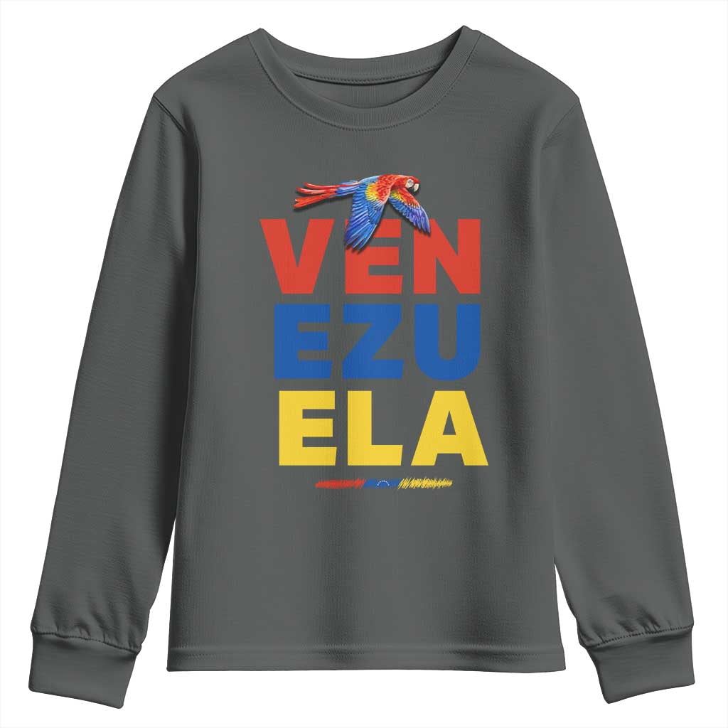 Venezuela Pride Flying Scarlet Macaw Youth Sweatshirt Ara Macao Guacamaya Venezuelan Pride Tropical Bird TS02 Dark Heather Print Your Wear
