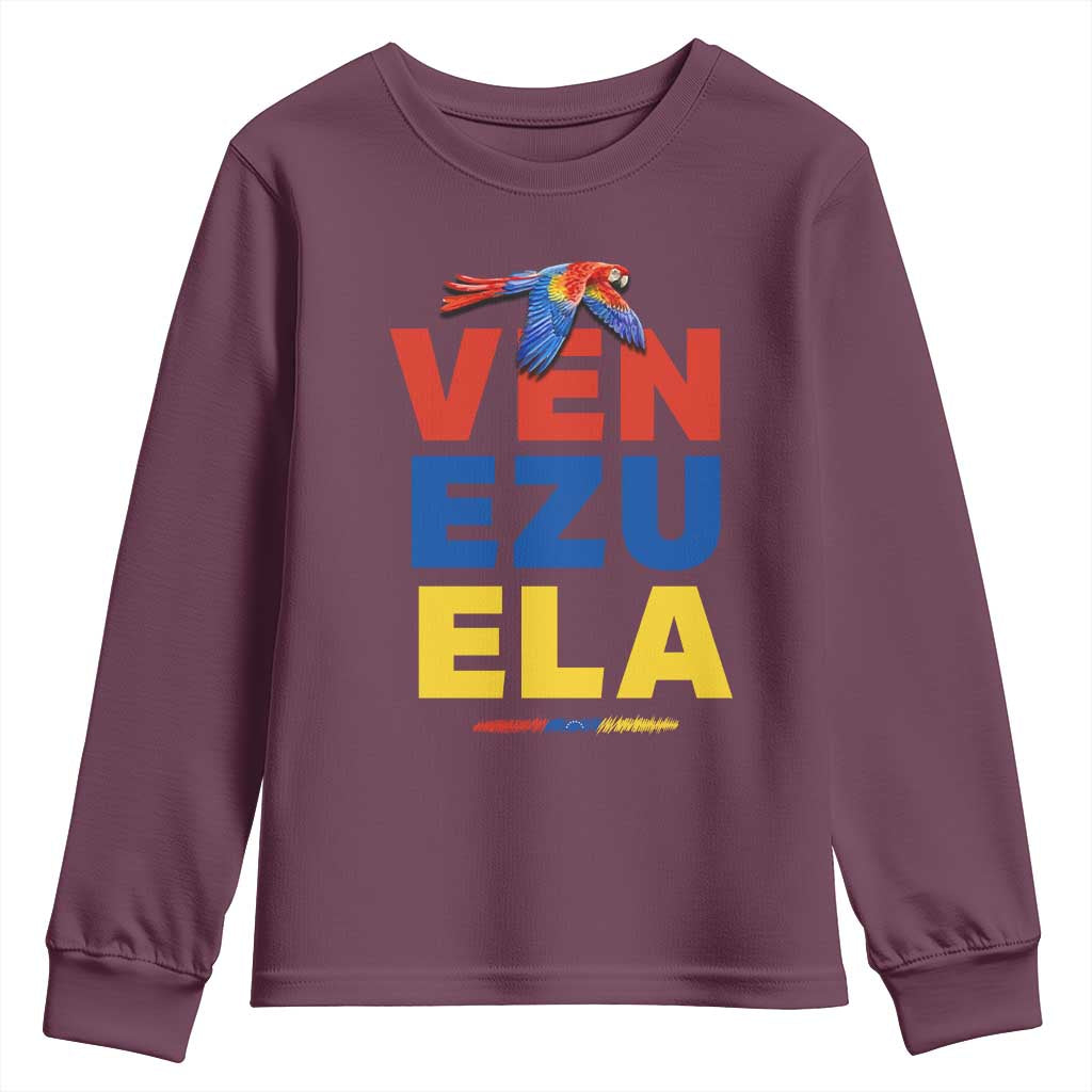 Venezuela Pride Flying Scarlet Macaw Youth Sweatshirt Ara Macao Guacamaya Venezuelan Pride Tropical Bird TS02 Maroon Print Your Wear
