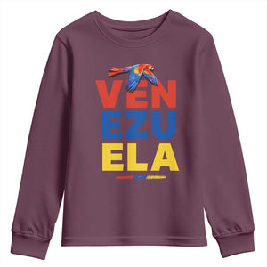 Venezuela Pride Flying Scarlet Macaw Youth Sweatshirt Ara Macao Guacamaya Venezuelan Pride Tropical Bird TS02 Maroon Print Your Wear